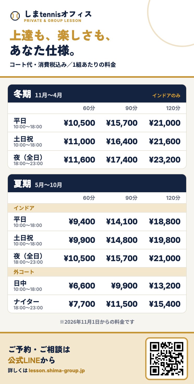 しまtennisオフィス レッスン料金表